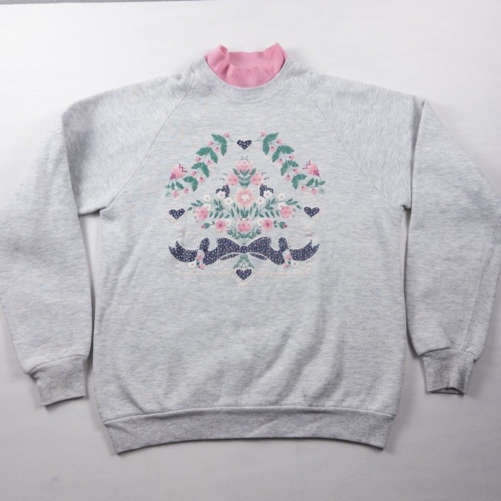 Vintage 90s Grannycore Jerzees Mock Neck Sweatshirt Women Large Gray Floral Bows